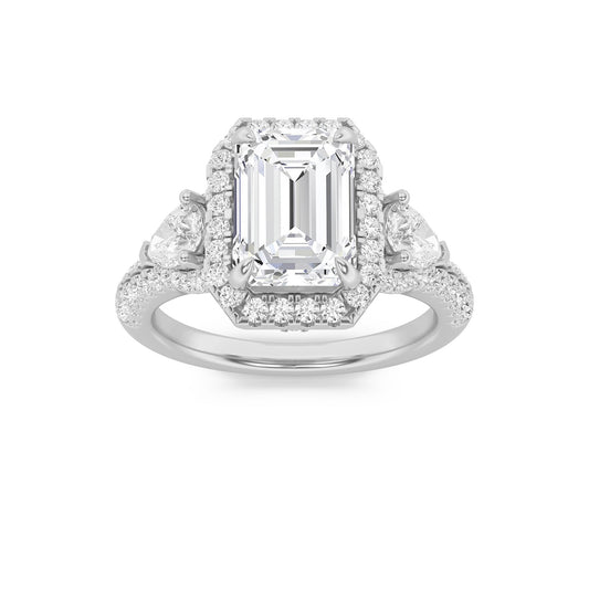 3CTW Emerald Lab-Grown Diamond Prong Three Stone Bold Accented Engagement Ring 89 Stones