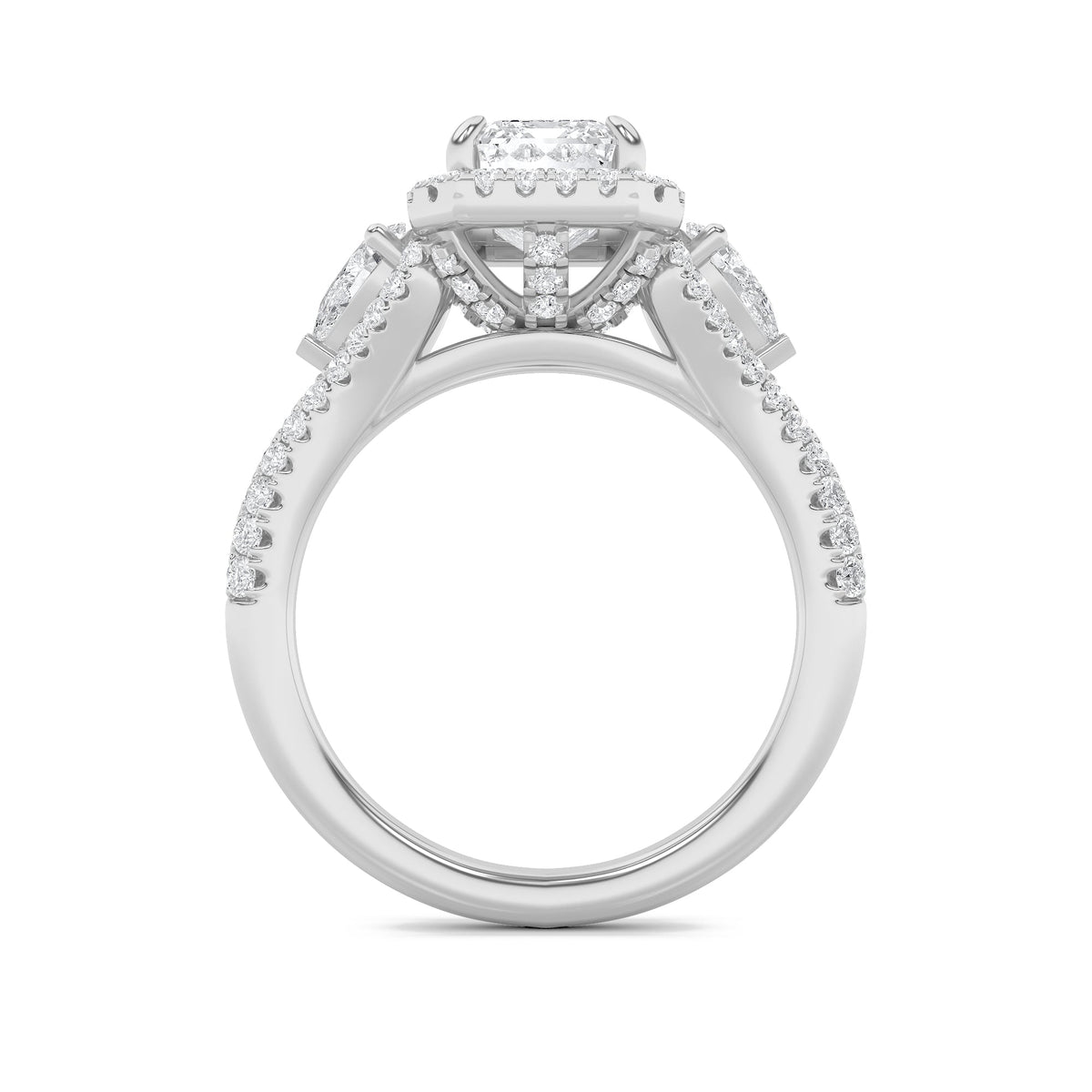 3CTW Emerald Lab-Grown Diamond Prong Three Stone Bold Accented Engagement Ring 89 Stones