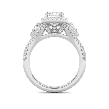 3CTW Emerald Lab-Grown Diamond Prong Three Stone Bold Accented Engagement Ring 89 Stones