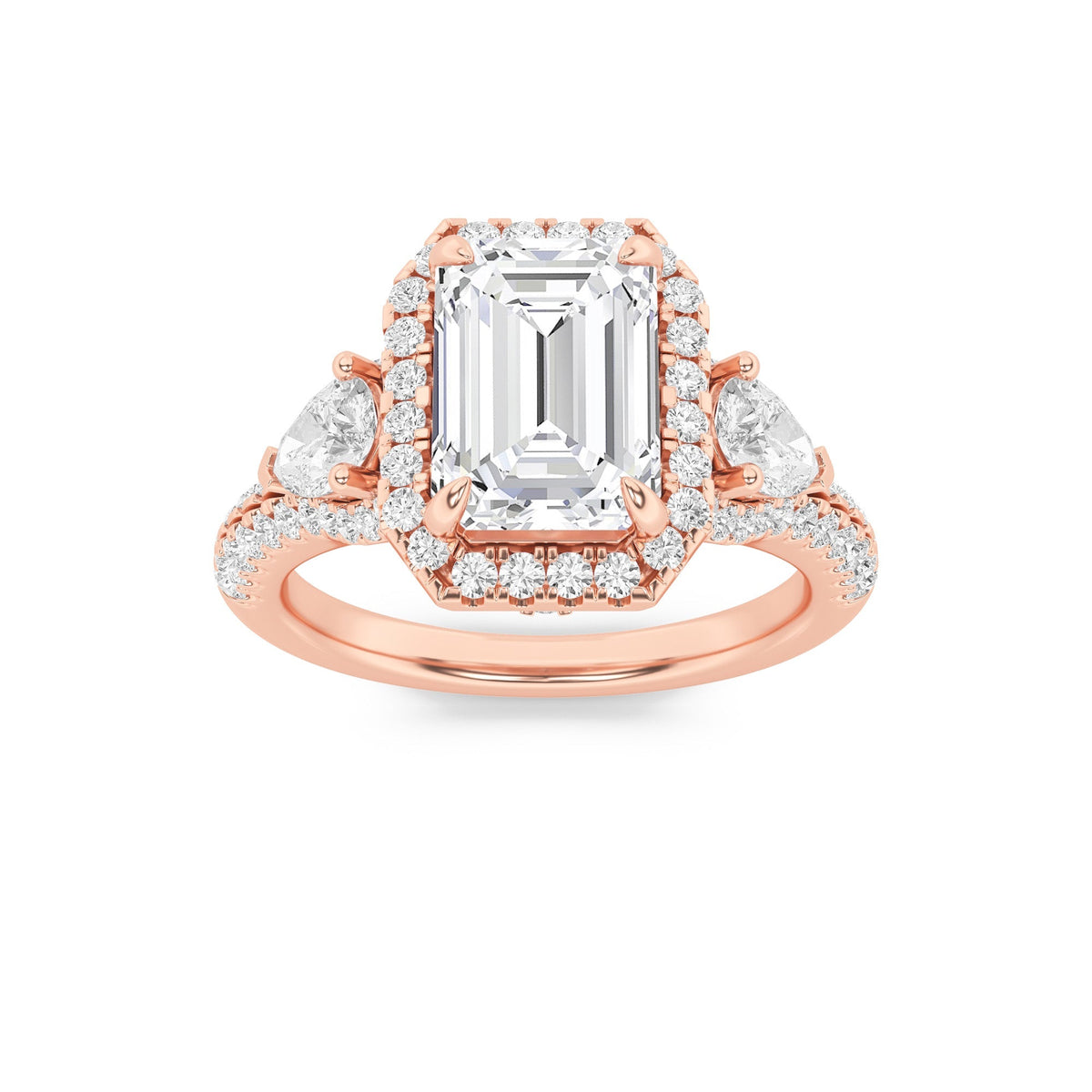 3CTW Emerald Lab-Grown Diamond Prong Three Stone Bold Accented Engagement Ring 89 Stones