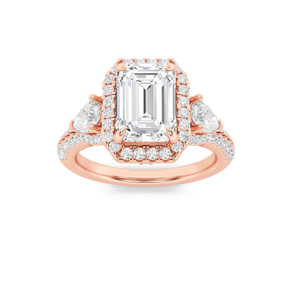 3CTW Emerald Lab-Grown Diamond Prong Three Stone Bold Accented Engagement Ring 89 Stones