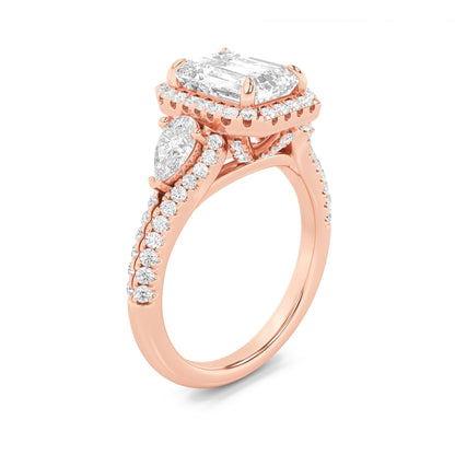 3CTW Emerald Lab-Grown Diamond Prong Three Stone Bold Accented Engagement Ring 89 Stones