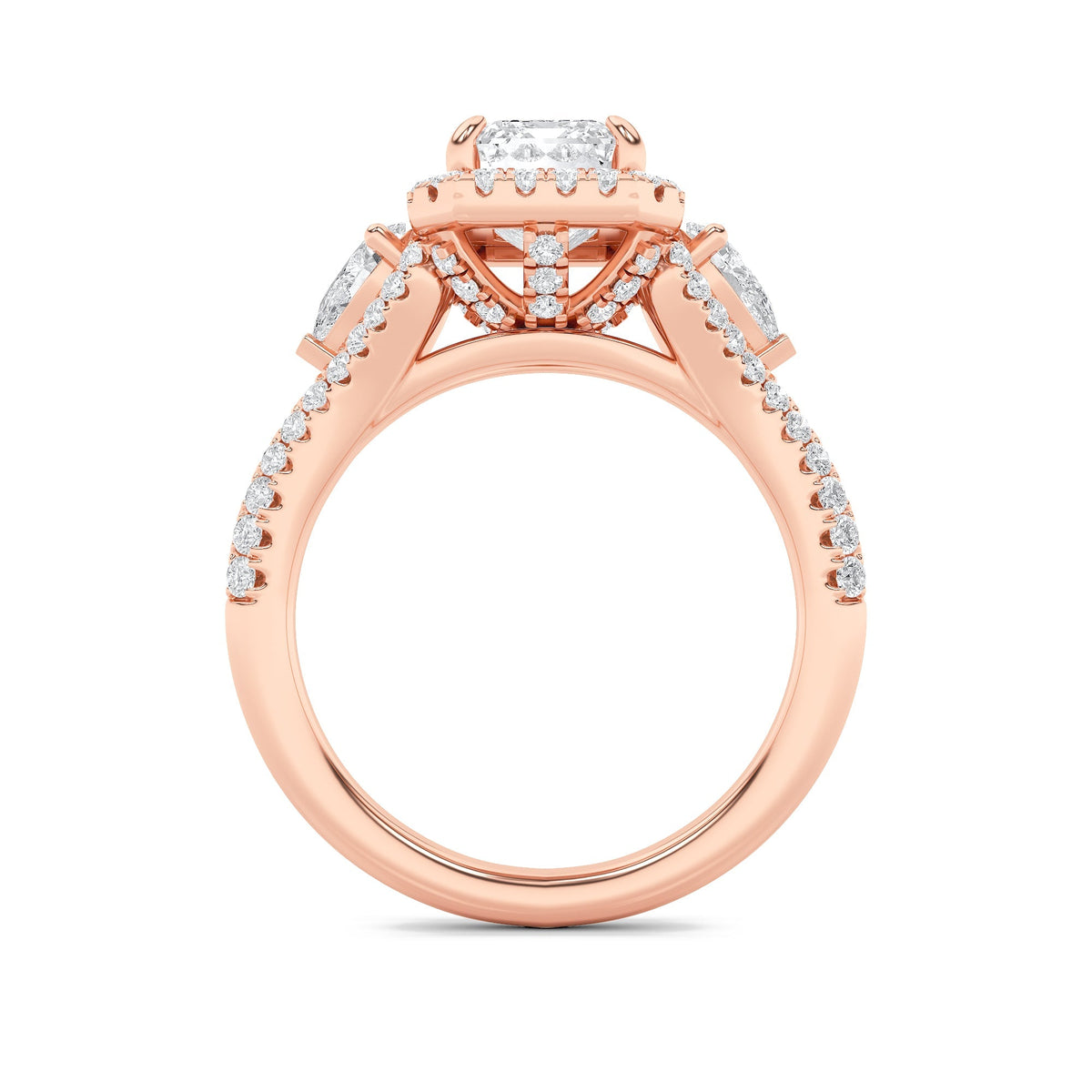 3CTW Emerald Lab-Grown Diamond Prong Three Stone Bold Accented Engagement Ring 89 Stones