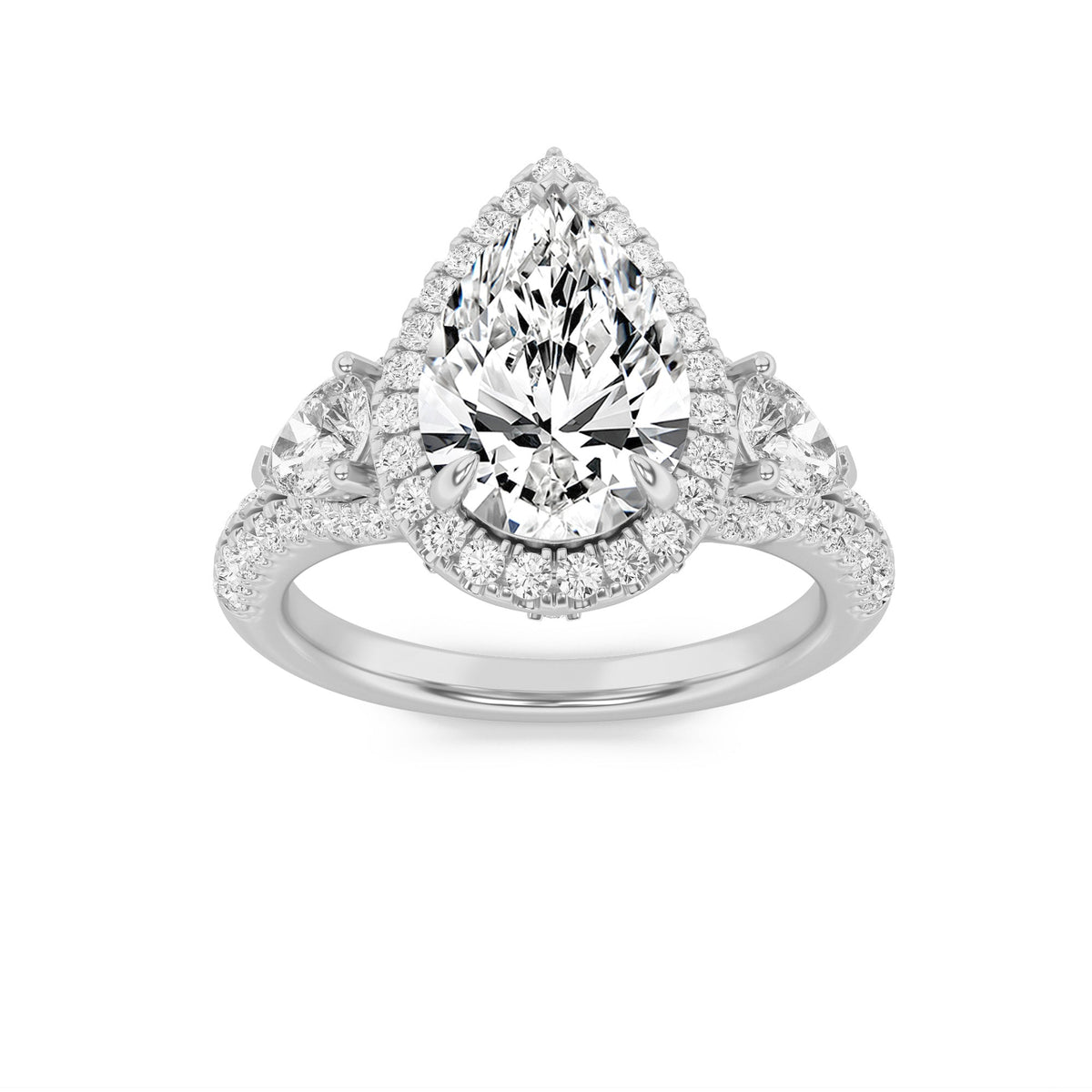3CTW Pear Lab-Grown Diamond Prong Three Stone Bold Accented Engagement Ring 91 Stones