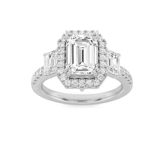 3CTW Emerald Lab-Grown Diamond Prong Three Stone Accented Engagement Ring 57 Stones