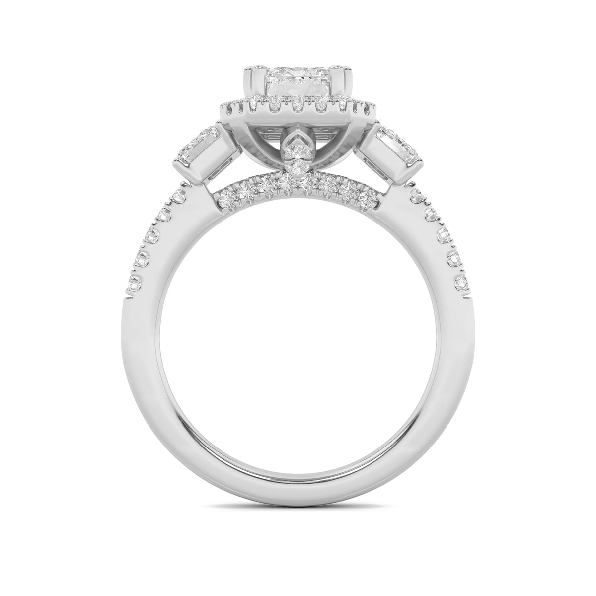 3CTW Emerald Lab-Grown Diamond Prong Three Stone Accented Engagement Ring 57 Stones