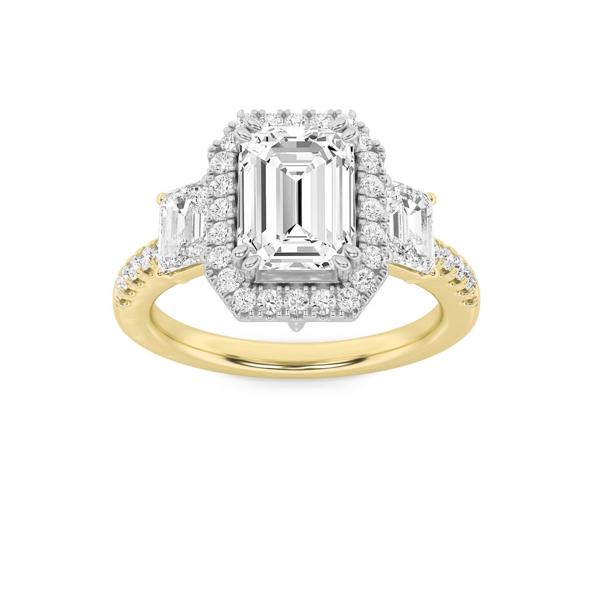 3CTW Emerald Lab-Grown Diamond Prong Three Stone Accented Engagement Ring 57 Stones