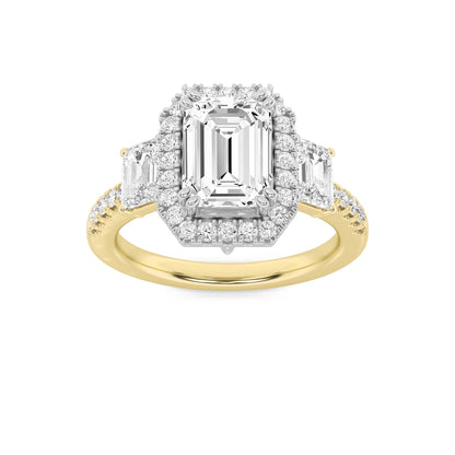 3CTW Emerald Lab-Grown Diamond Prong Three Stone Accented Engagement Ring 57 Stones