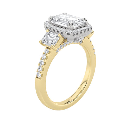 3CTW Emerald Lab-Grown Diamond Prong Three Stone Accented Engagement Ring 57 Stones