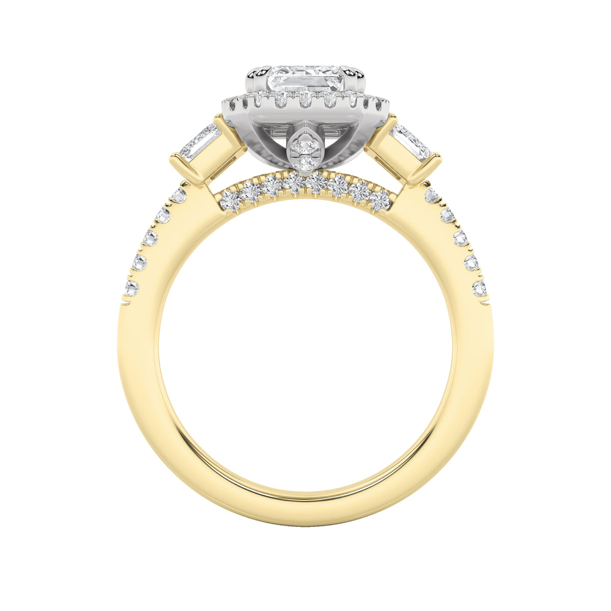 3CTW Emerald Lab-Grown Diamond Prong Three Stone Accented Engagement Ring 57 Stones