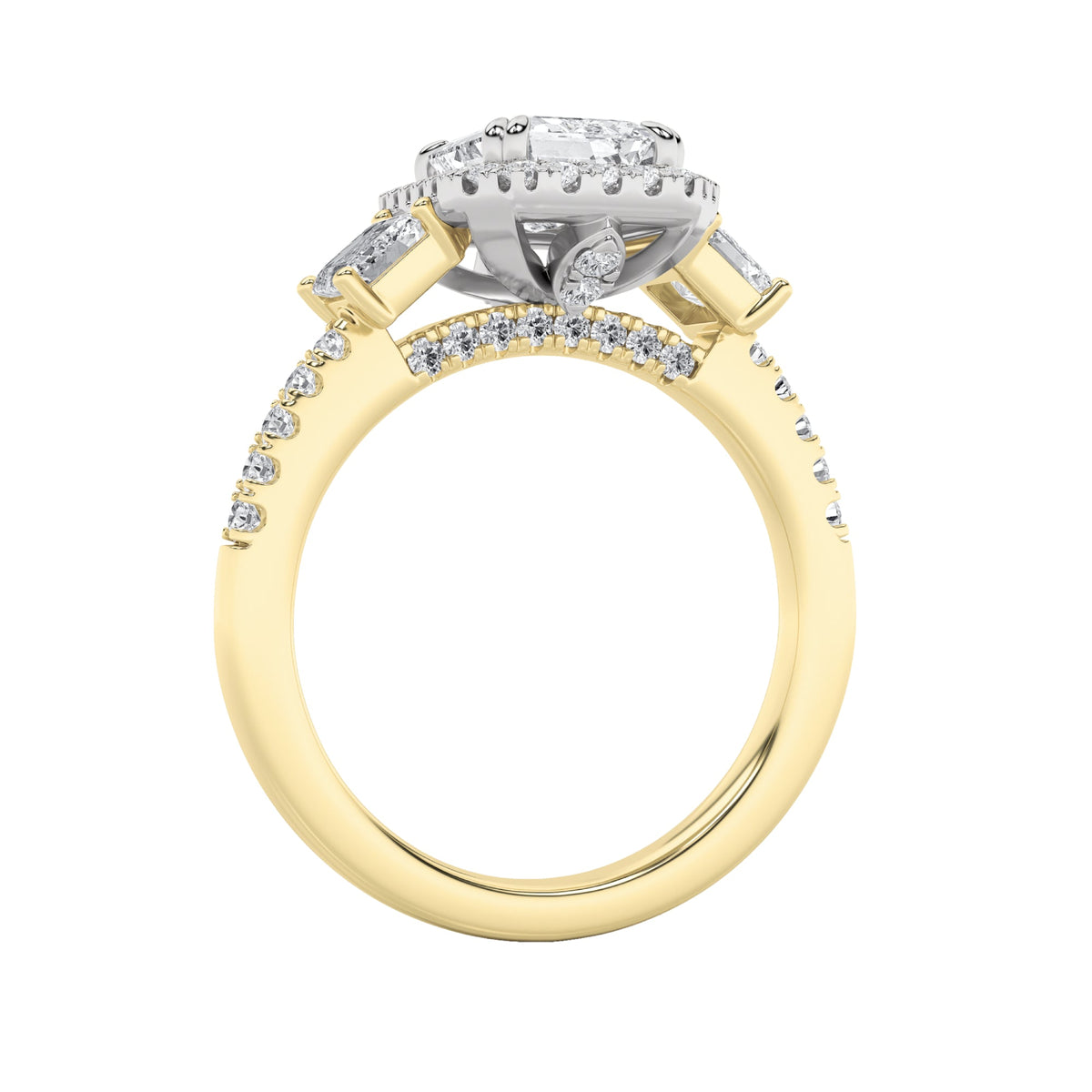 3CTW Emerald Lab-Grown Diamond Prong Three Stone Accented Engagement Ring 57 Stones