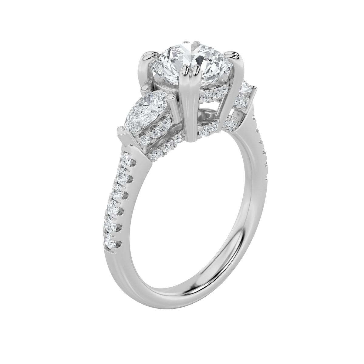 3CTW Round Lab-Grown Diamond Prong Three Stone Accented Engagement Ring 49 Stones