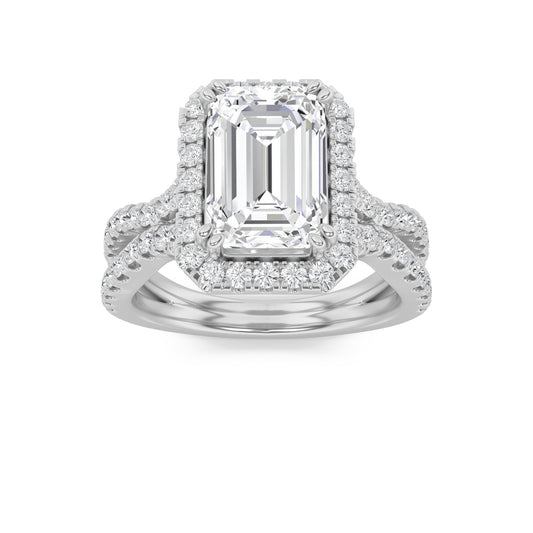 4CTW Emerald Lab-Grown Diamond Prong Split Shank Halo Engagement Ring 85 Stones
