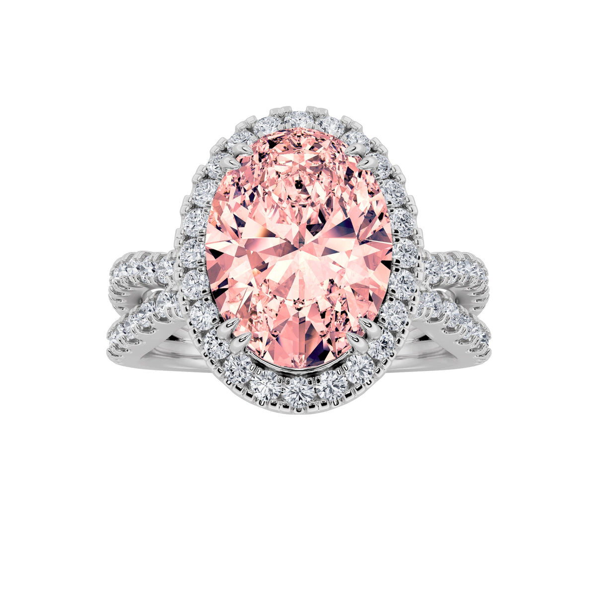4CTW Oval Lab-Grown Diamond Prong Split Shank Halo Engagement Ring 79 Stones