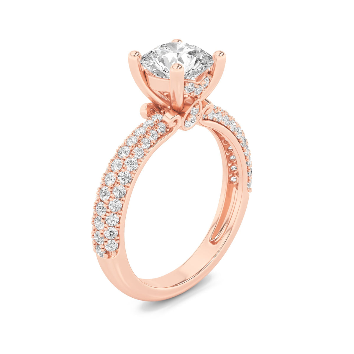 2CTW Round Lab-Grown Diamond Prong Three Row Micro Pave Engagement Ring 79 Stones