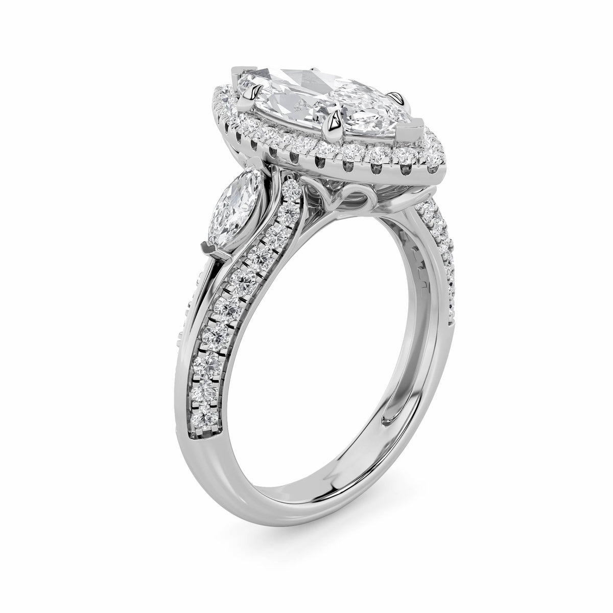 3CTW Marquise Lab-Grown Diamond Prong Three Stone Halo Engagement Ring 69 Stones