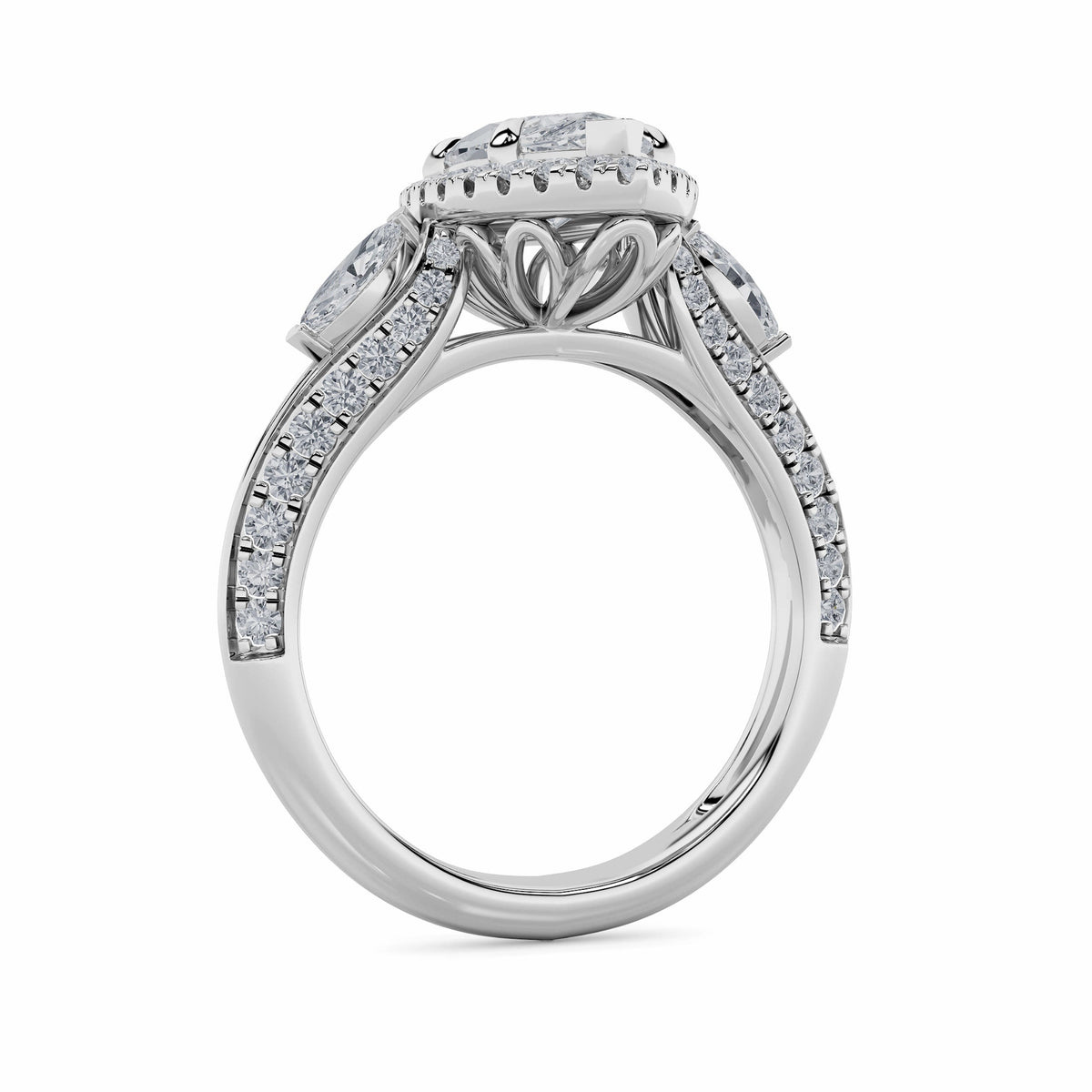 3CTW Marquise Lab-Grown Diamond Prong Three Stone Halo Engagement Ring 69 Stones