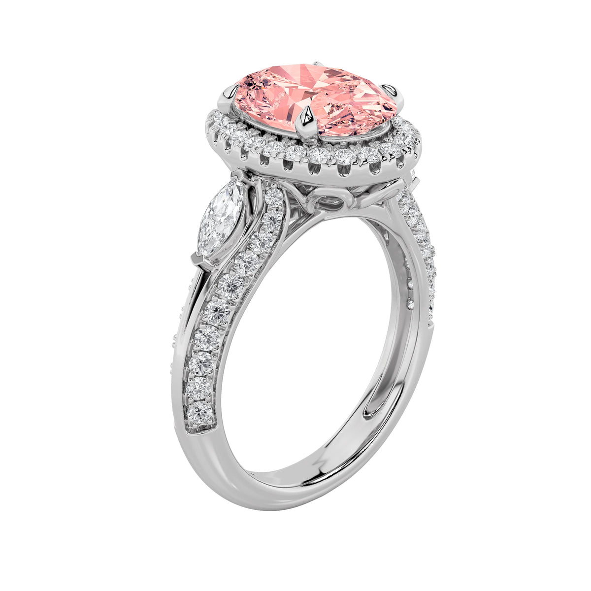 3CTW Oval Lab-Grown Diamond Prong Three Stone Halo Engagement Ring 65 Stones