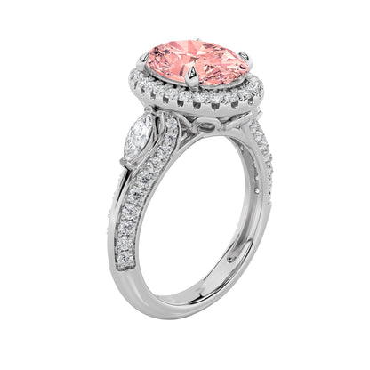 3CTW Oval Lab-Grown Diamond Prong Three Stone Halo Engagement Ring 65 Stones