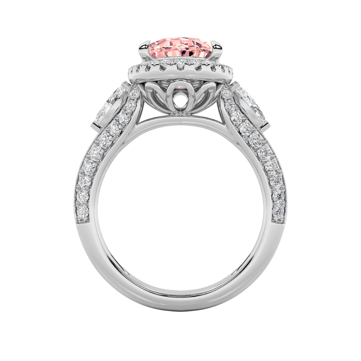 3CTW Oval Lab-Grown Diamond Prong Three Stone Halo Engagement Ring 65 Stones