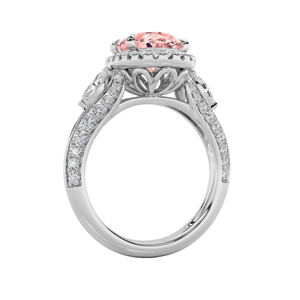 3CTW Oval Lab-Grown Diamond Prong Three Stone Halo Engagement Ring 65 Stones