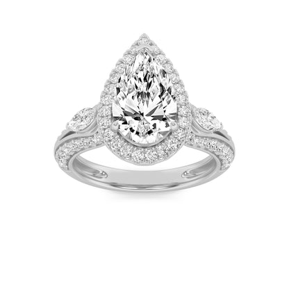 3CTW Pear Lab-Grown Diamond Prong Three Stone Halo Engagement Ring 67 Stones