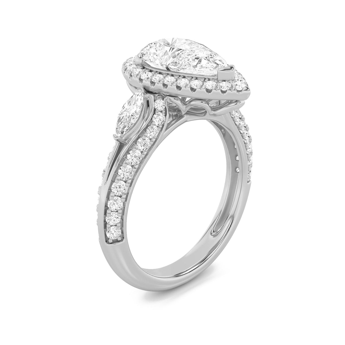 3CTW Pear Lab-Grown Diamond Prong Three Stone Halo Engagement Ring 67 Stones