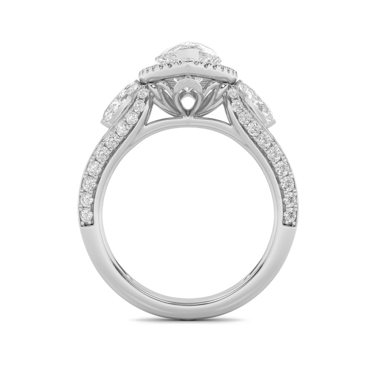 3CTW Pear Lab-Grown Diamond Prong Three Stone Halo Engagement Ring 67 Stones