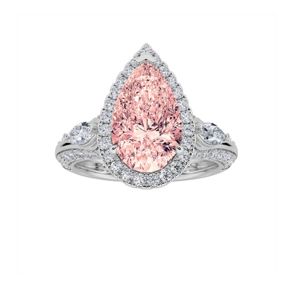 3CTW Pear Lab-Grown Diamond Prong Three Stone Halo Engagement Ring 67 Stones