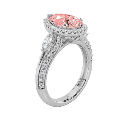 3CTW Pear Lab-Grown Diamond Prong Three Stone Halo Engagement Ring 67 Stones