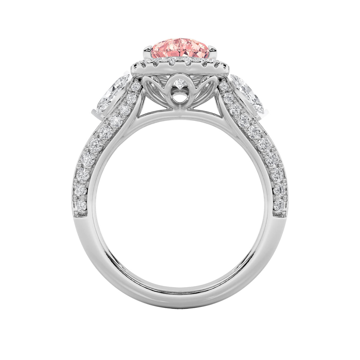 3CTW Pear Lab-Grown Diamond Prong Three Stone Halo Engagement Ring 67 Stones