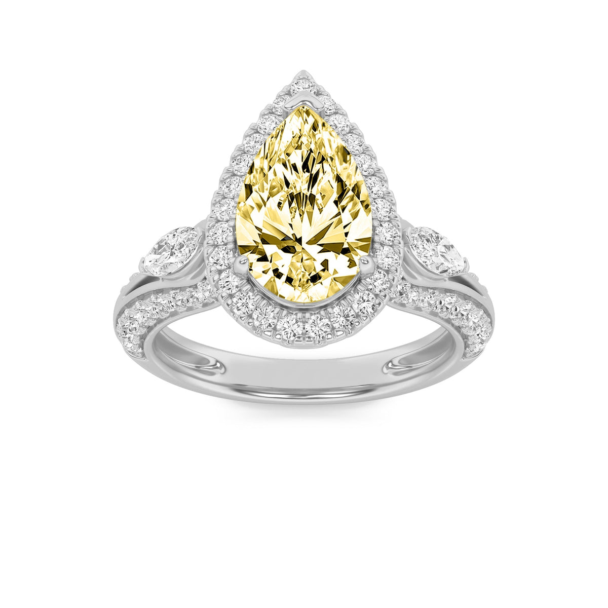 3CTW Pear Lab-Grown Diamond Prong Three Stone Halo Engagement Ring 67 Stones