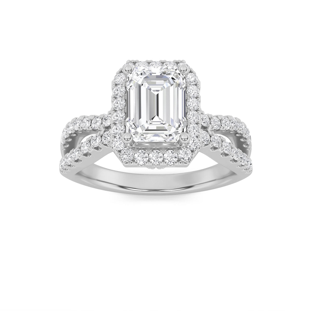 2CTW Emerald Lab-Grown Diamond Prong Split Shank Halo Accented Engagement Ring 81 Stones