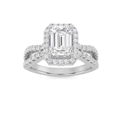 2CTW Emerald Lab-Grown Diamond Prong Split Shank Halo Accented Engagement Ring 81 Stones