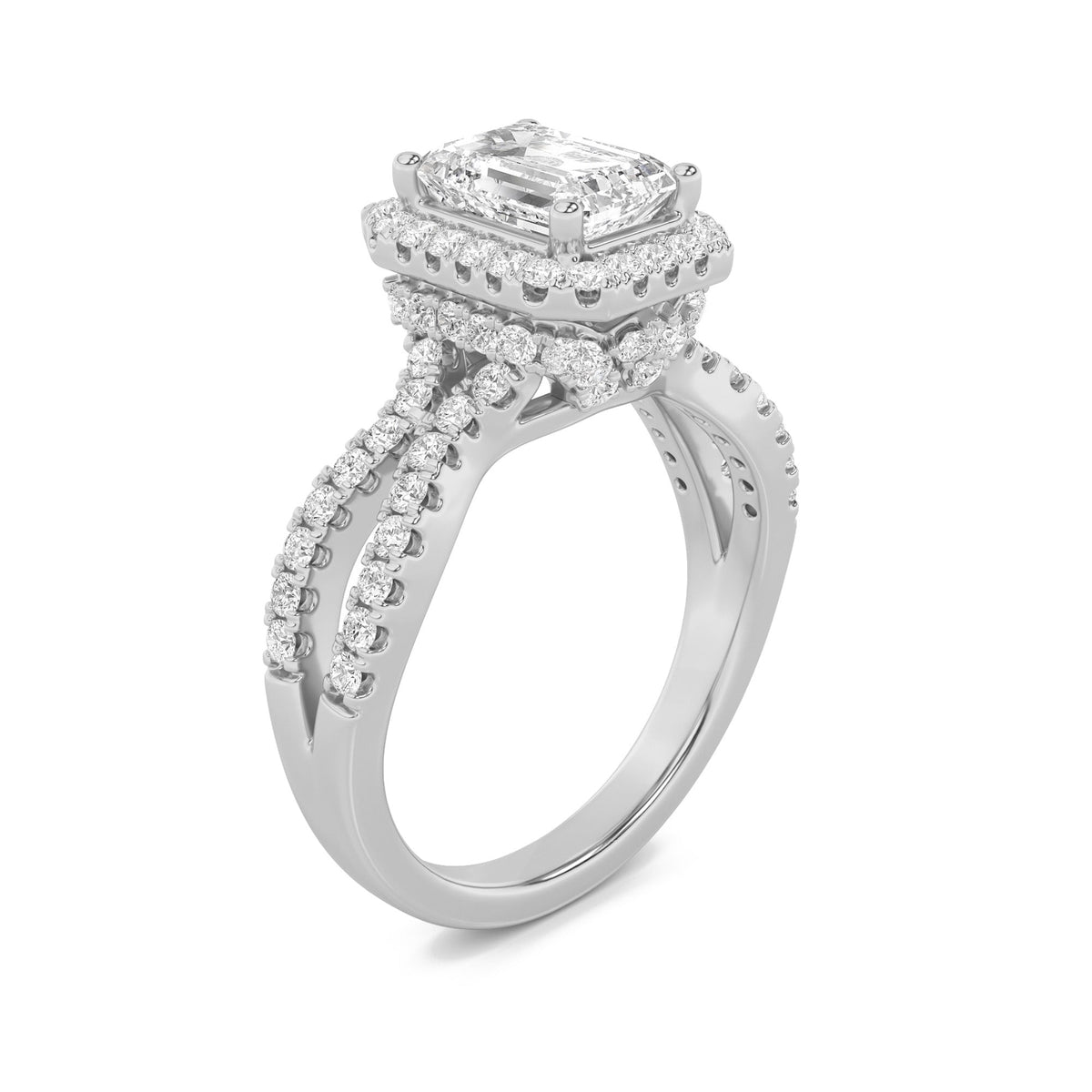 2CTW Emerald Lab-Grown Diamond Prong Split Shank Halo Accented Engagement Ring 81 Stones