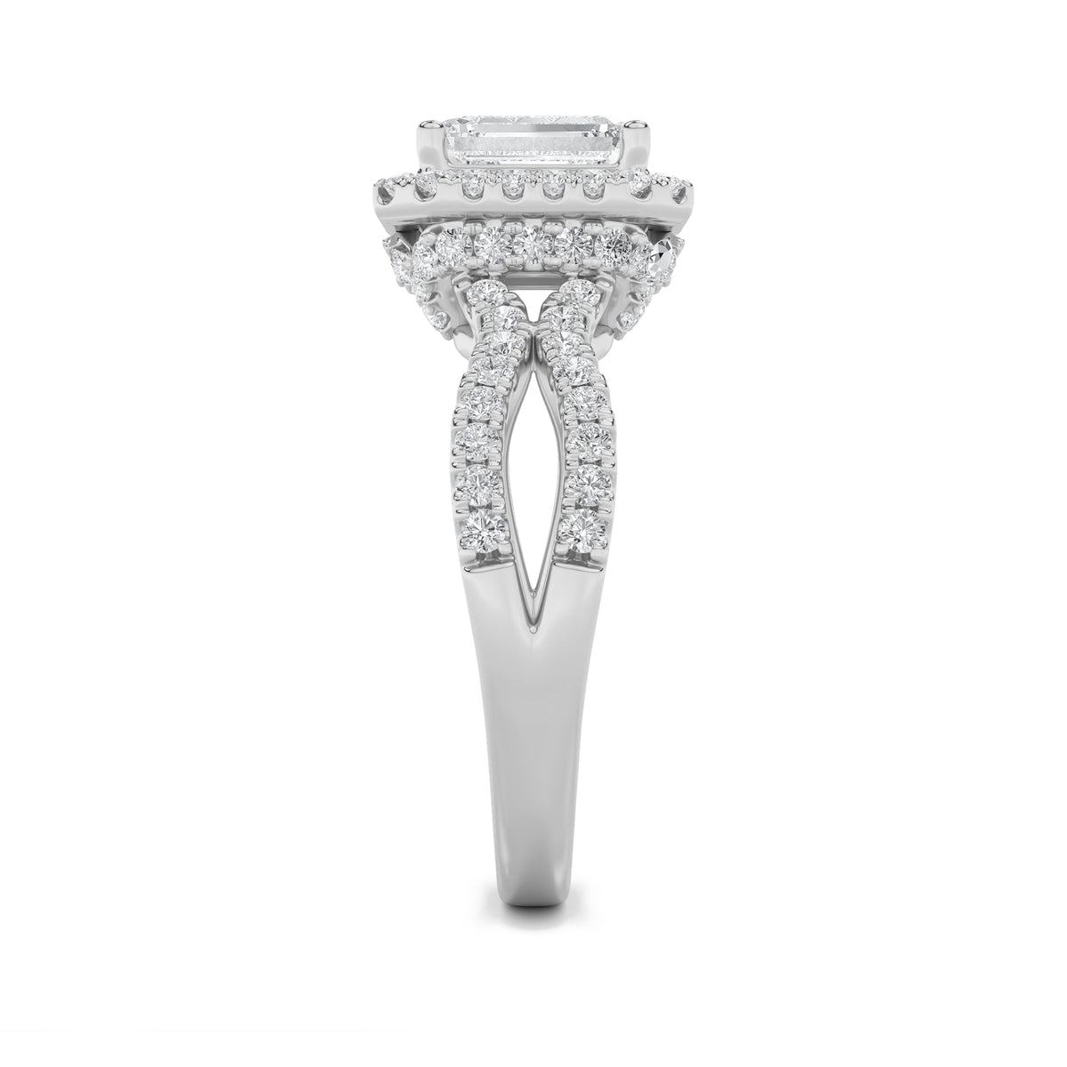 2CTW Emerald Lab-Grown Diamond Prong Split Shank Halo Accented Engagement Ring 81 Stones