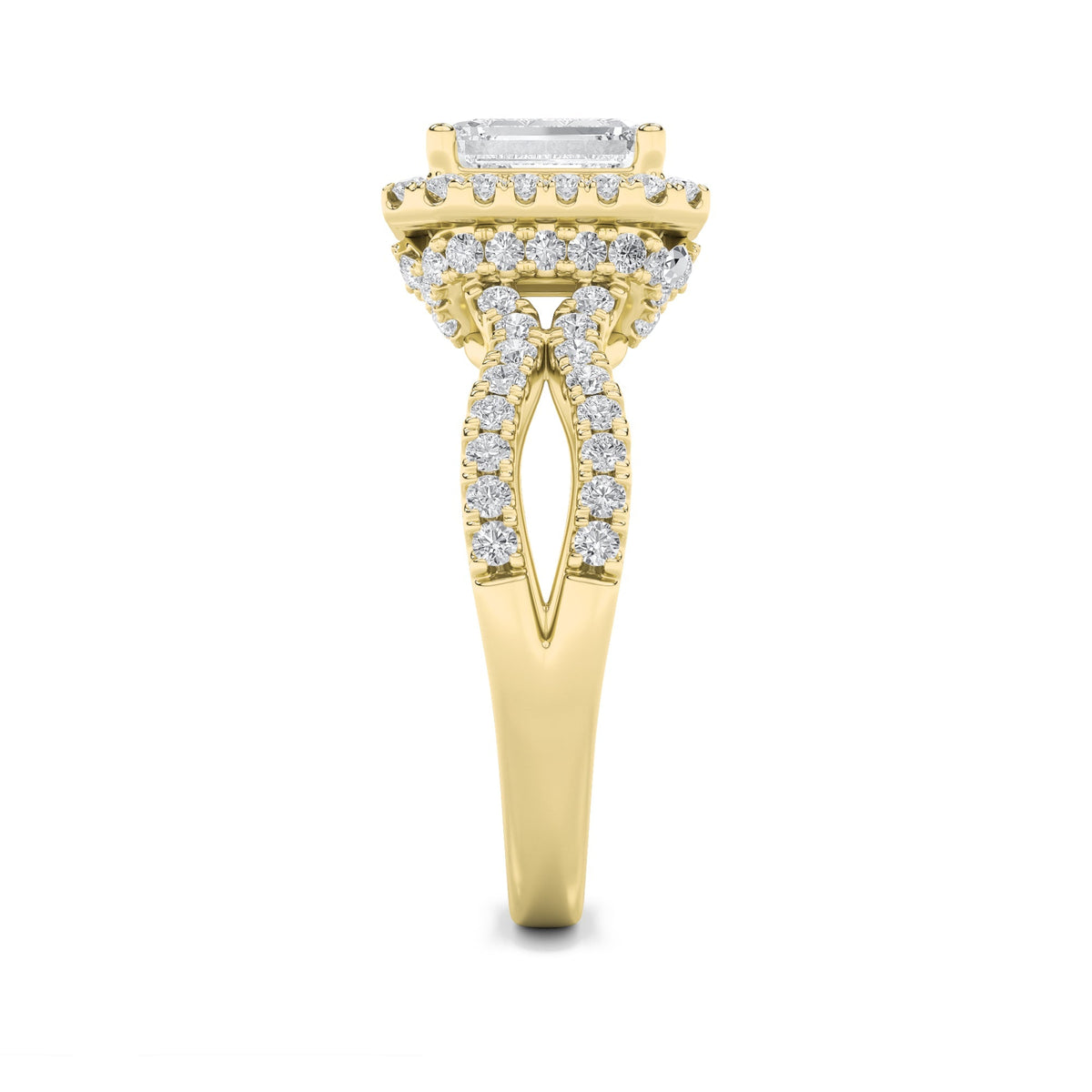 2CTW Emerald Lab-Grown Diamond Prong Split Shank Halo Accented Engagement Ring 81 Stones