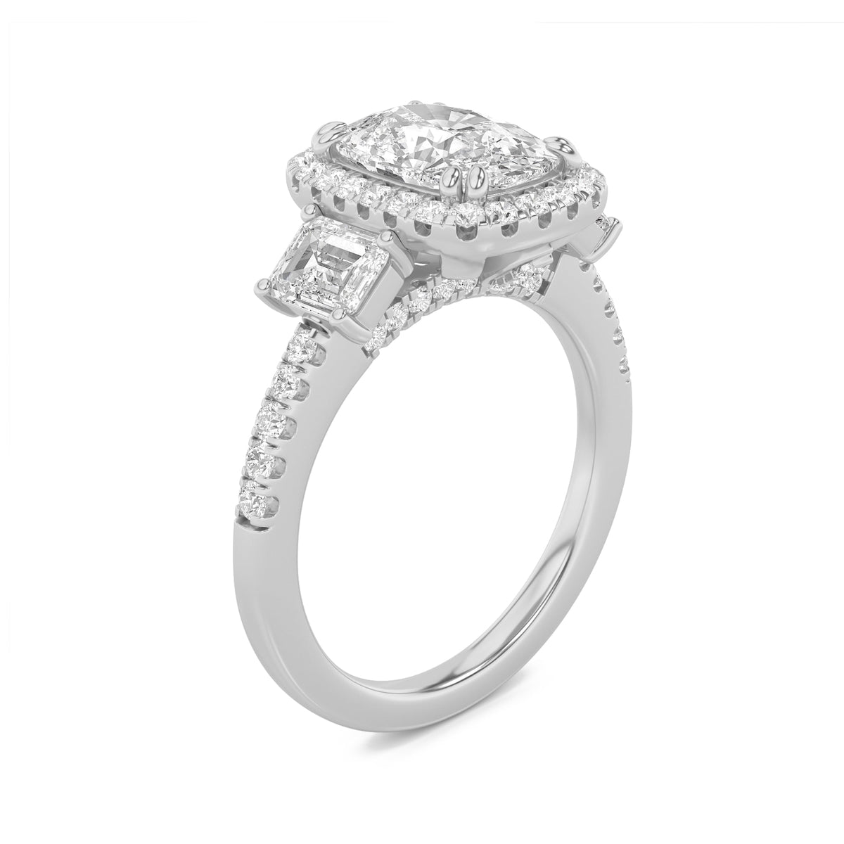 3CTW Elongated Cushion Lab-Grown Diamond Prong Accented Three Stone Ring 57 Stones