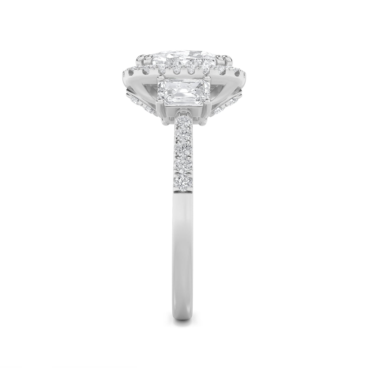 3CTW Elongated Cushion Lab-Grown Diamond Prong Accented Three Stone Ring 57 Stones