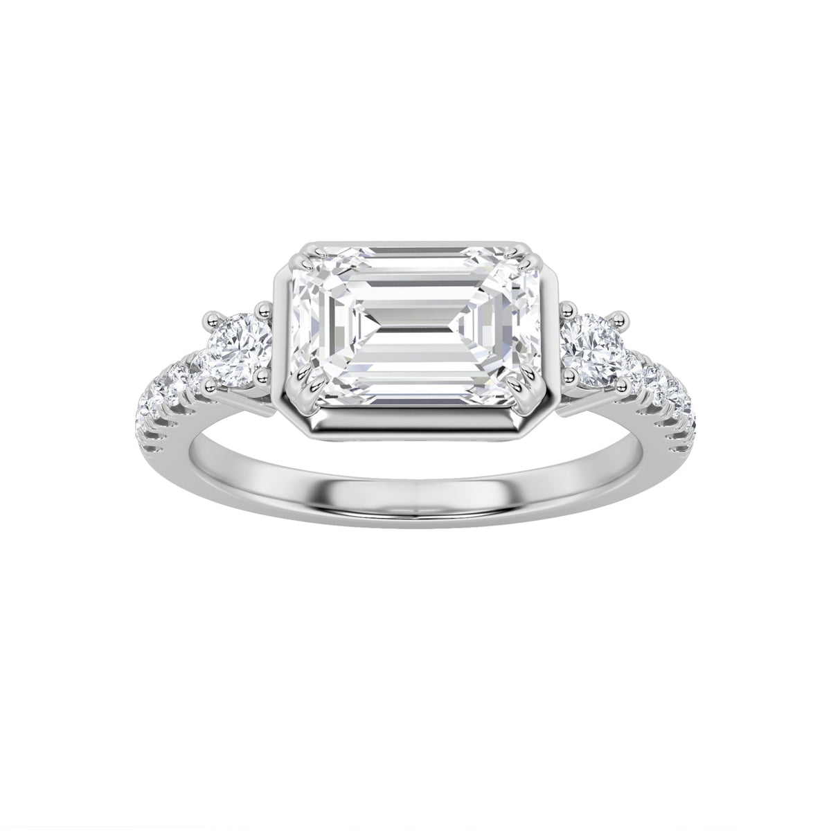 2CTW Emerald Lab-Grown Diamond Prong East West Accented Three Stone Ring 13 Stones