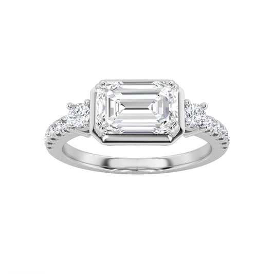 2CTW Emerald Lab-Grown Diamond Prong East West Accented Three Stone Ring 13 Stones