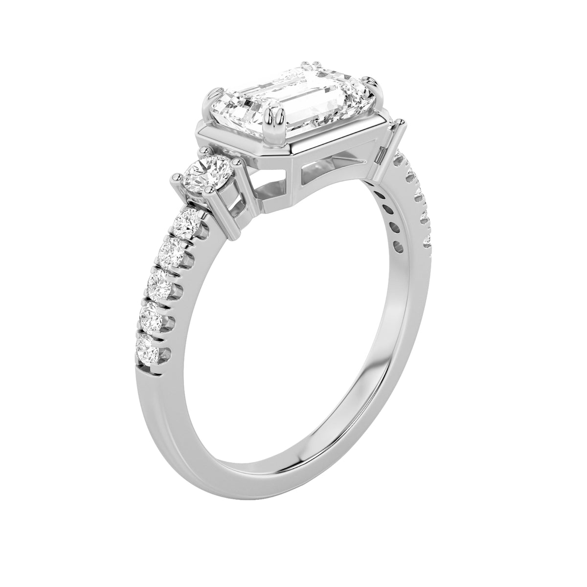 2CTW Emerald Lab-Grown Diamond Prong East West Accented Three Stone Ring 13 Stones