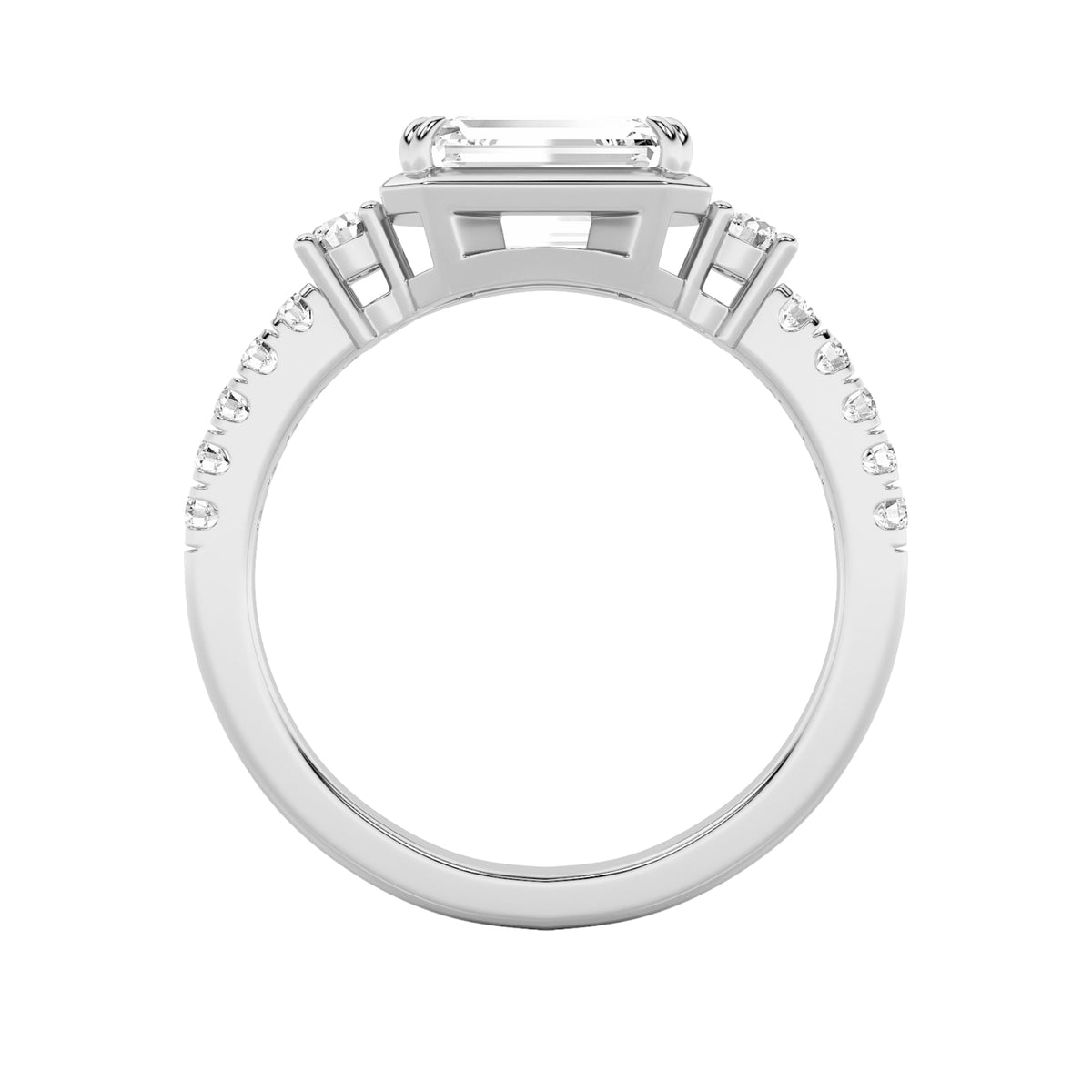 2CTW Emerald Lab-Grown Diamond Prong East West Accented Three Stone Ring 13 Stones