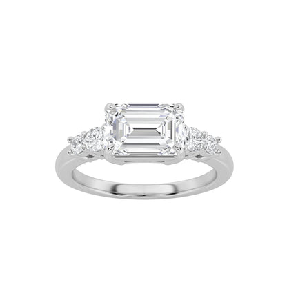 1.5CTW Emerald Lab-Grown Diamond Prong East West Accented Three Stone Ring 5 Stones