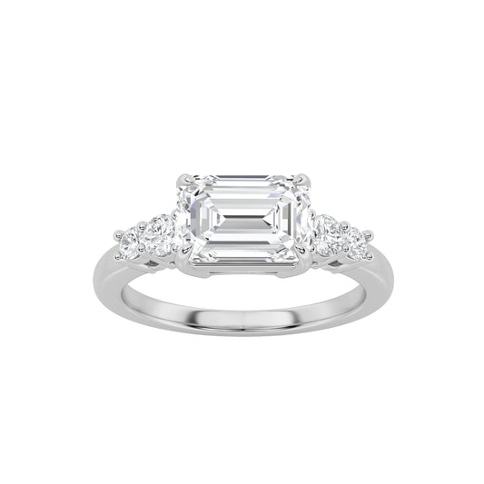 1.5CTW Emerald Lab-Grown Diamond Prong East West Accented Three Stone Ring 5 Stones