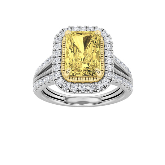 2.5CTW Radiant Fancy Yellow Lab-Grown Diamond Split Shank Halo Engagement Ring 59 Stones