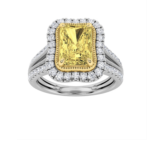 2.5CTW Radiant Fancy Yellow Lab-Grown Diamond Prong Split Shank Halo Engagement Ring 59 Stones