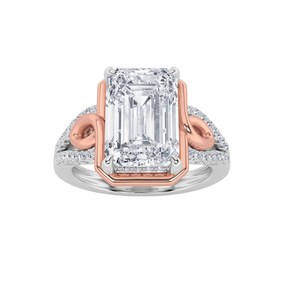 4.25CTW Emerald Lab-Grown Diamond Prong Bold Accented Two Tone Engagement Ring 61 Stones