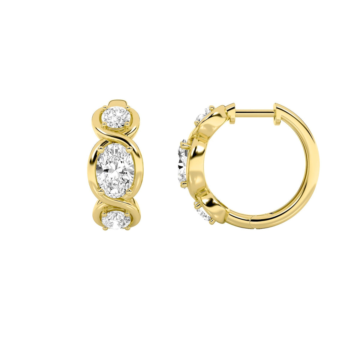 2.5CTW Oval Lab-Grown Diamond Bezel Hoop|Huggies Three Stone Huggie Earrings 6 Stones