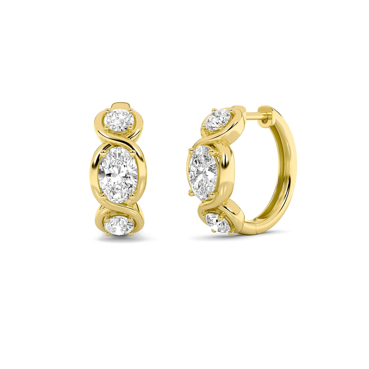 2.5CTW Oval Lab-Grown Diamond Bezel Hoop|Huggies Three Stone Huggie Earrings 6 Stones